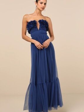 Lulu's Strapless Navy Blue Floral Appliqué Tulle Gown